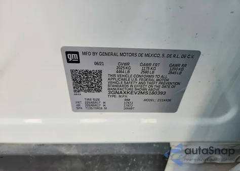 2021 Chevrolet Equinox Lt из США, поврежденный, VIN 3GNAXKEV2MS180393